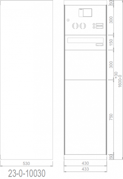 RENZ eQUBO elektronischer Paketkasten mit 2 Paketfächern und 1 Briefkasten sowie Sprech-/Klingelsystem gerades Dach 23010030 - schematische Darstellung